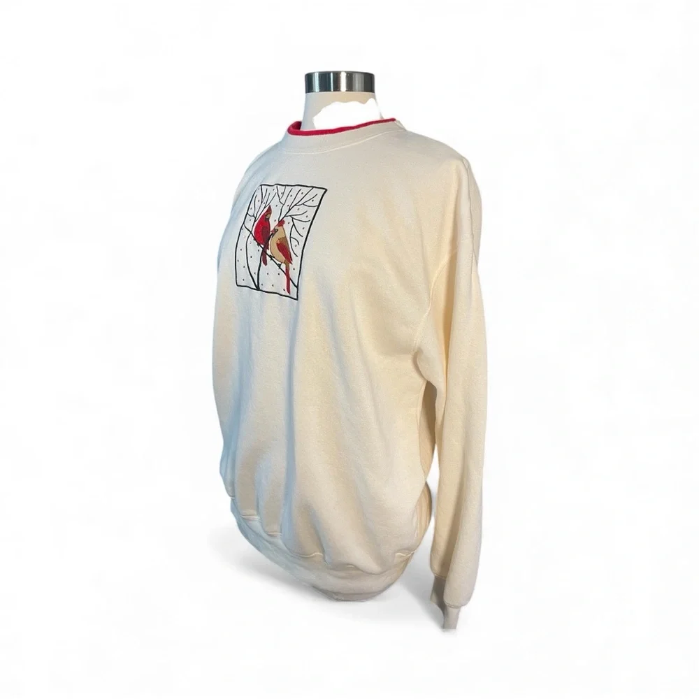 Vintage Cottagecore Whimsical Aesthetic Embroidered Cardinal Pullover Sweatshirt - Picture 5 of 10